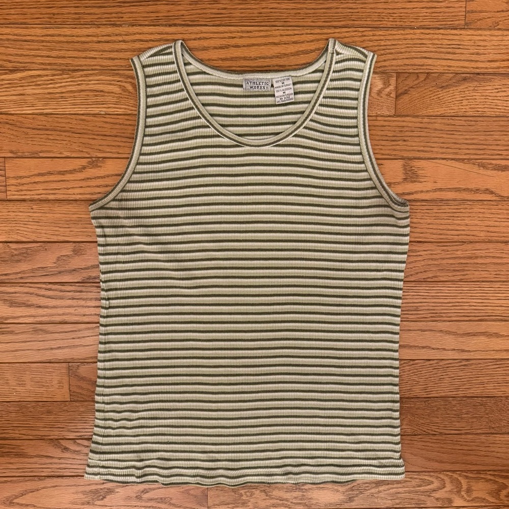 Athletic Works Olive and Cream Striped Ribbed Tank Top